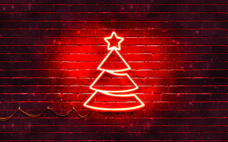 Red neon Christmas Tree red brickwall, Happy New Years Concept, Red Christmas Tree, Xmas Trees, Christmas Trees, HD wallpaper
