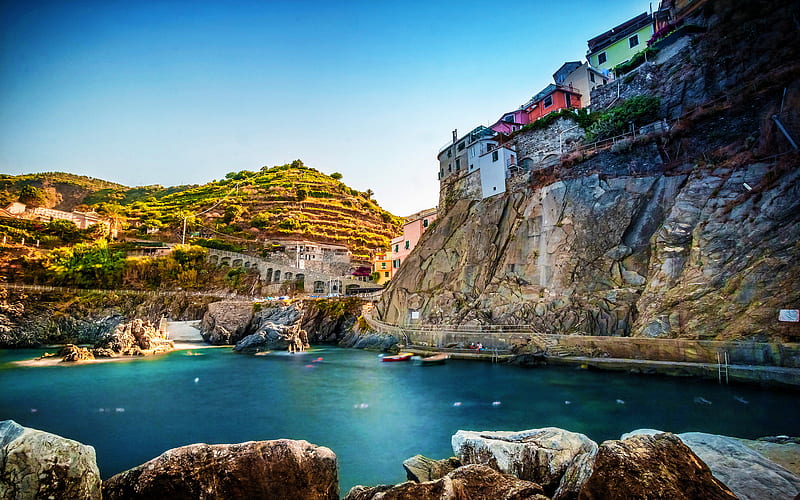 Manarola, harbor, summer, italian cities, Cinque Terre, Italy, Europe, HD wallpaper