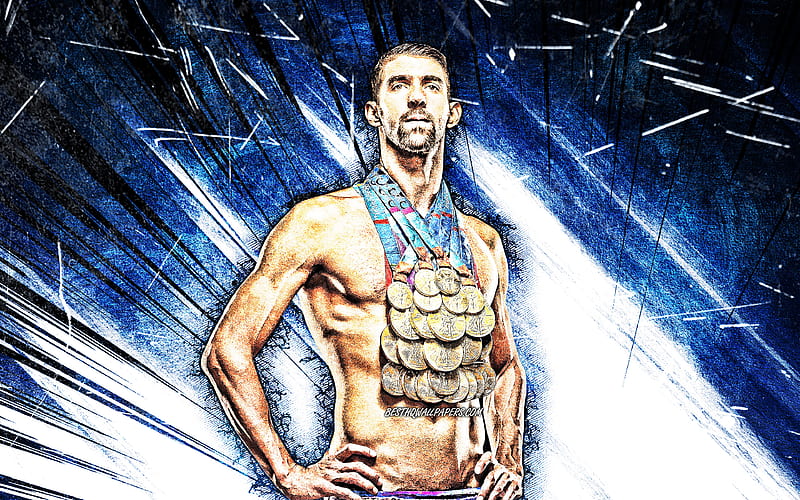 Michael Phelps, grunge art, american swimmer, olympic champion, Michael Fred Phelps II, blue abstract rays, Michael Phelps with medals, artwork, Michael Phelps, HD wallpaper