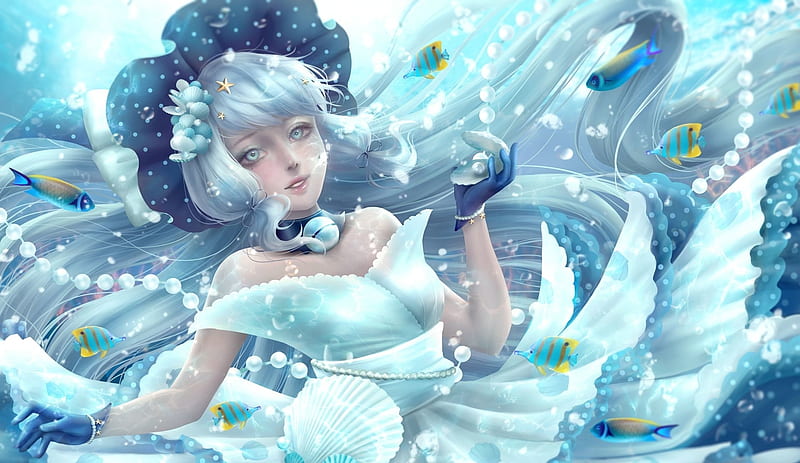 Fantasy girl, frumusete, luminos, fish, mermaid, vexingya, water ...