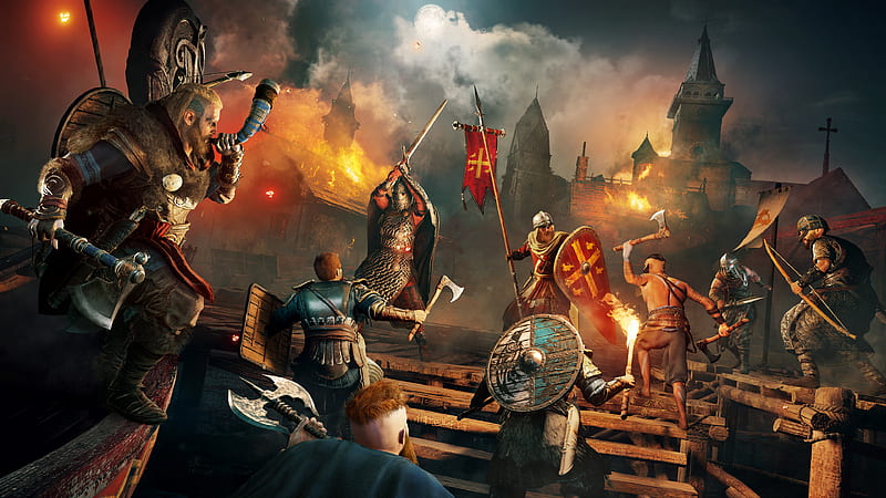 Night Battle Assassins Creed Valhalla, HD wallpaper
