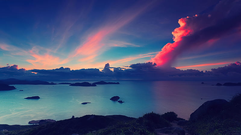 Sunset Island Lake , sunset, island, lake, nature, HD wallpaper