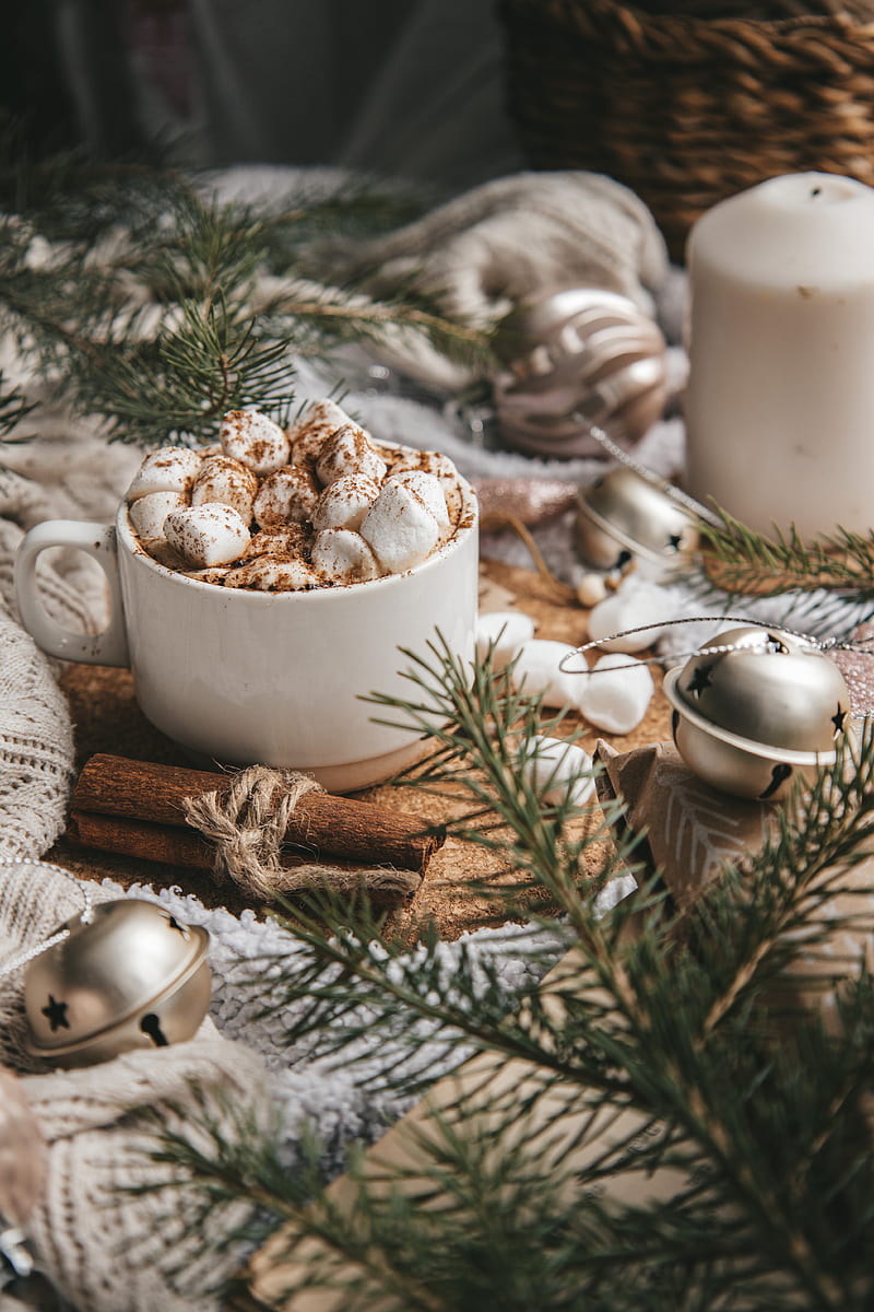 cup, marshmallow, cinnamon, branches, decoration, HD phone wallpaper