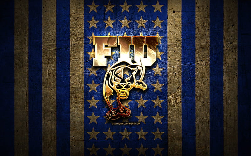 FIU Panthers flag, NCAA, blue brown metal background, american football team, FIU Panthers logo, USA, american football, golden logo, FIU Panthers, HD wallpaper