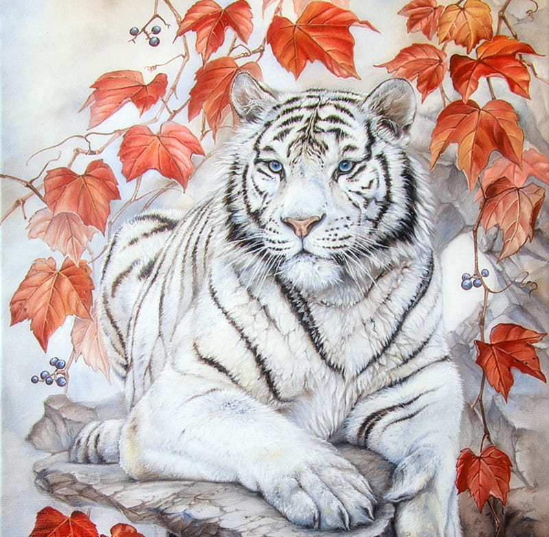 Tiger, art, autumn, luminos, orange, irenadem, animal, leaf, painting, tigru, pictura, HD wallpaper