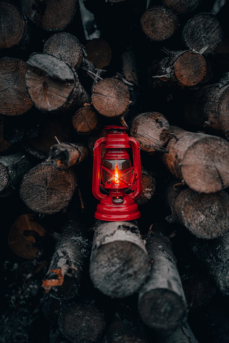 lantern, red, firewood, fire, light, HD mobile wallpaper