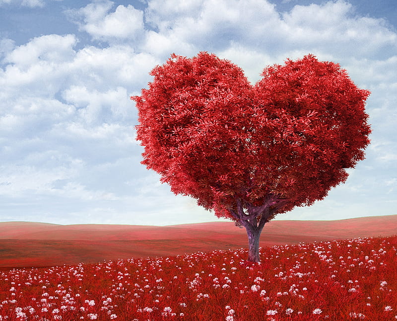 Love Tree, flowers, corazones, love, nature, red, skies, trees, HD wallpaper