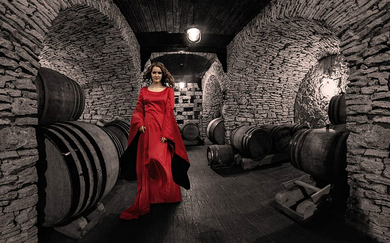 Lady in Red in a Wine Cellar, Red, Wine, Blonde, Model, Barrels, HD wallpaper