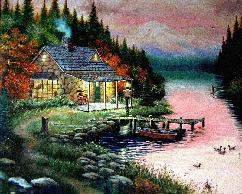 Zaccheo John, art, house, painting, river, HD wallpaper