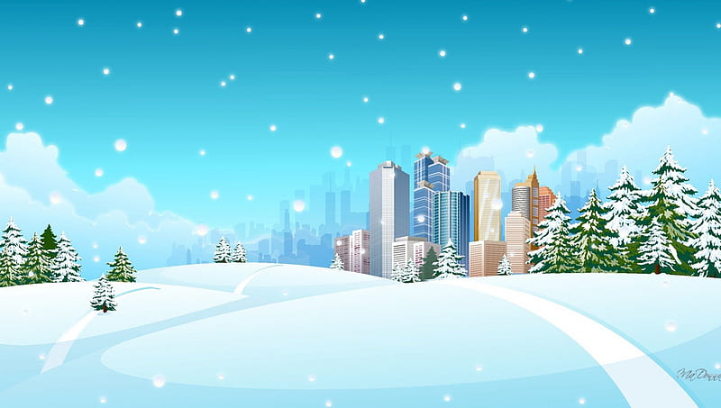 Winter in the City, buildings, town, trees, sky, winter, skyscrapers, city, snowing, snow, streets, road, HD wallpaper