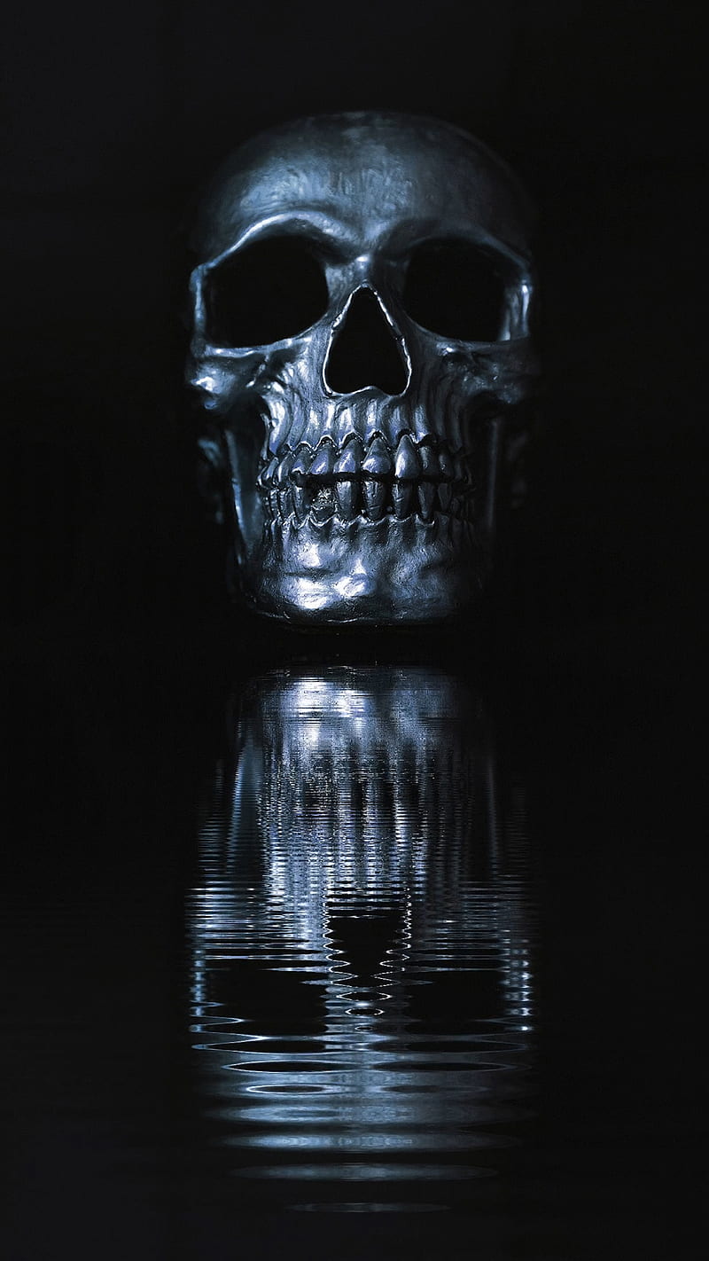 mirrored skull, DARK, abstract, blue, darkart, death, ripples, water, HD phone wallpaper
