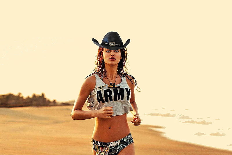 Cowgirl Beach Training. ., female, models, hats, cowgirl, America, fun, outdoors, women, brunettes, Army, military, girls, fashion, Irina Shayk, western, style, HD wallpaper