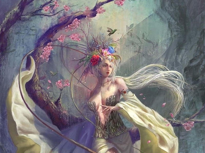 Spring goddess, art, fantasy, luminos, girl, wind, goddess, pink, HD wallpaper