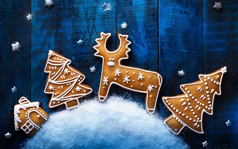 Christmas, biscuits, blue wooden boards, New Year, 2018, baking, cookies, deer, HD wallpaper