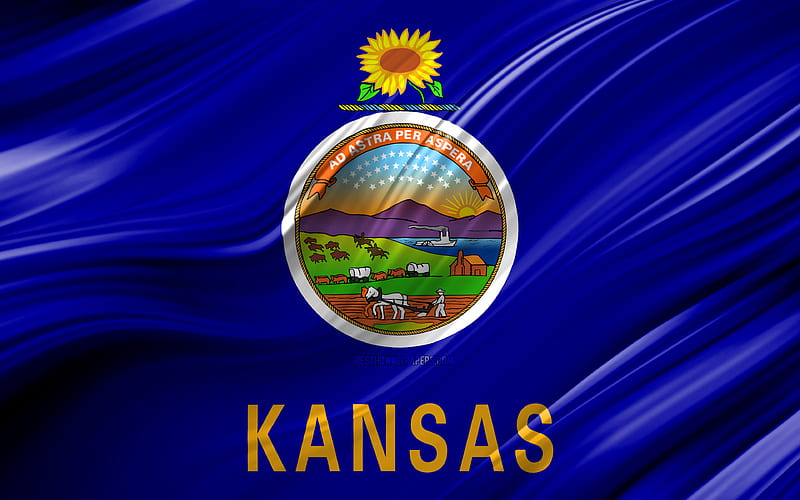 Kansas flag, american states, 3D waves, USA, Flag of Kansas, United States of America, Kansas, administrative districts, Kansas 3D flag, States of the United States, HD wallpaper