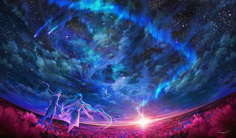 Anime, Landscape, Sky, Sun, Flower, Cloud, Blue Hair, Long Hair, Douluo Dalu, Soul Land, HD wallpaper