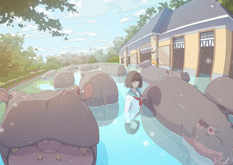 anime hippo, anime school girl, water, building, reflection, Anime, HD wallpaper
