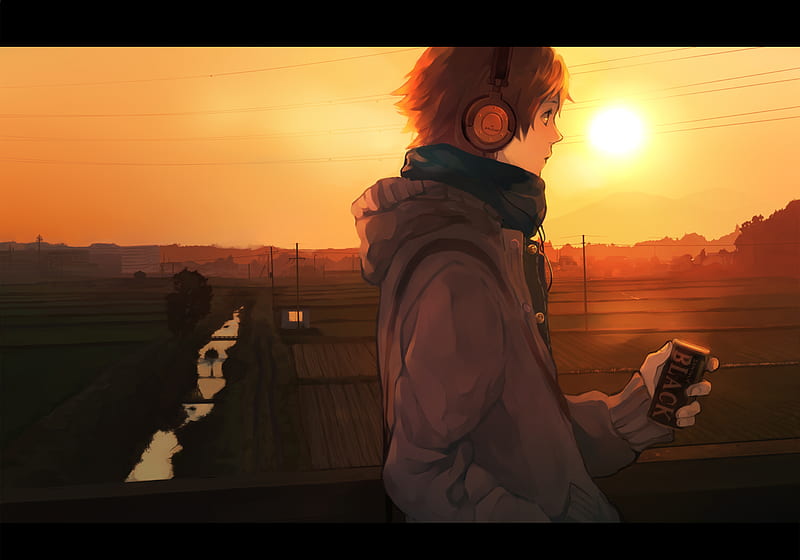 Persona 4, male, headphones, sunset, sky, anime boy, person, hanamura yousuke, landscape, HD wallpaper
