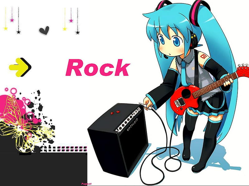 Miku Rock, guitar, rock, hatsune miku, stereo, blue, HD wallpaper