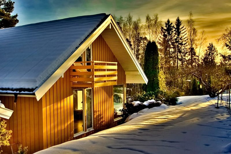 Winter cabin, pretty, house, cottage, cabin, bonito, sunset, clouds, cold, countryside, nice, sunrise, rest, lovely, sky, trees, winter, rays, snow, nature, HD wallpaper