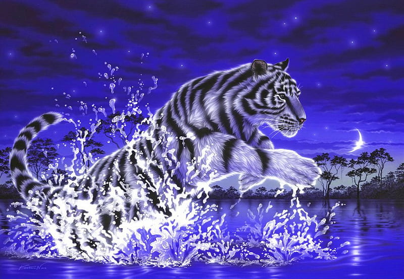 Power of life, power, tiger, bonito, sea, splash, fantasy, moon, big ...