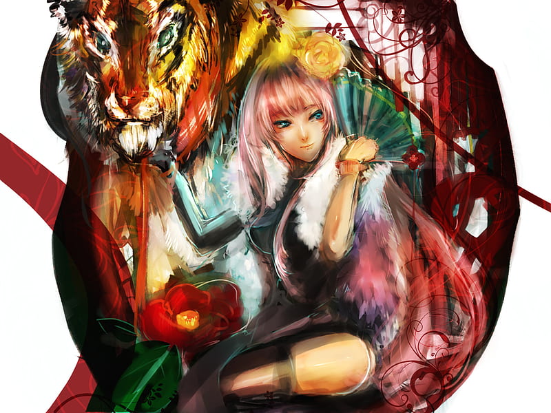 The Cat Tamer, pretty, house, orange, tiger, megurine, nice, anime, beauty, vocaloids, black, singer, sexy, abstract, cat, aqua eyes, lion, cute, cool, awesome, fan, idol, red, artistic, luka, bonito, megurine luka, thighhighs, animal, leaves, program, hot, pink, magnificent, vocaloid, music, diva, song, girl, flower, virtual, pink hair, HD wallpaper