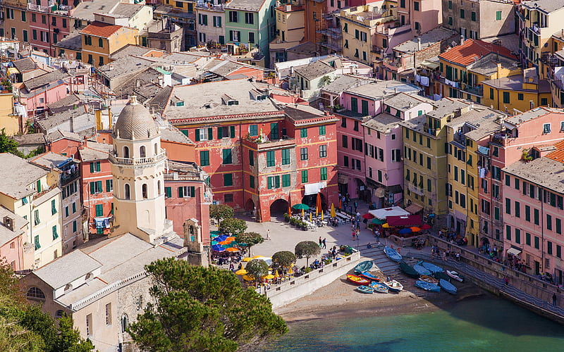 Vernazza, evening, bay, aerial view, Vernazza panorama, Cinque Terre, Italy, HD wallpaper