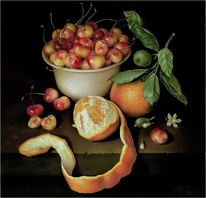 JOSE ESCOFET -- WHITE BOWL OF CHERRIES AND TWO ORANGES (Oil on canvas), apple, fruit, art, oil, orange, jose escofet, HD wallpaper