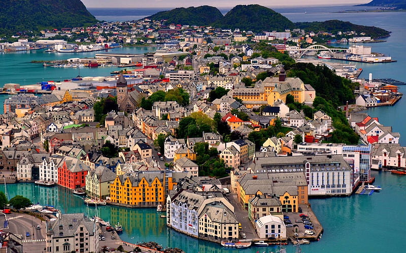 Alesund, mountain, island, skyline, Norway, HD wallpaper