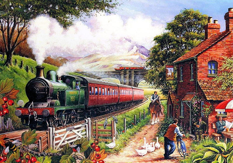 Country Crossing, ese, geese, house, train, people, painting, steam, artwork, HD wallpaper