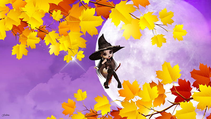 Cute Halloween witch, witch, colorful, fall, autumn, holiday, broom, cute, leaves, moon, Halloween, october, HD wallpaper