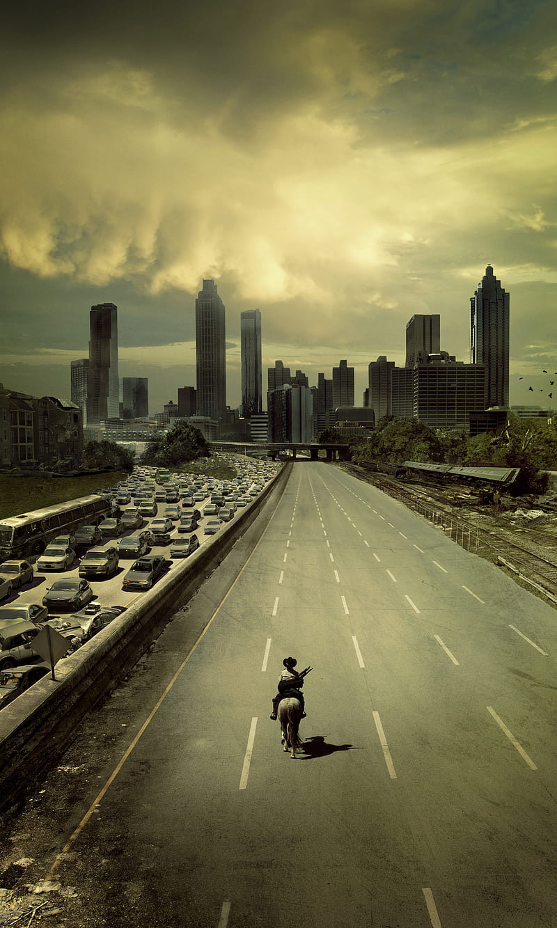 Walking Dead, art, city, fantasy, horror, road, scary, sun, zombie, HD phone wallpaper