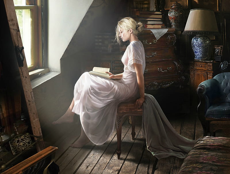 Girl reading, art, window, luminos, book, woman, girl, painting, room, white, pictura, HD wallpaper