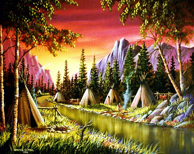 The Village, painting, native, indians, tipi, HD wallpaper