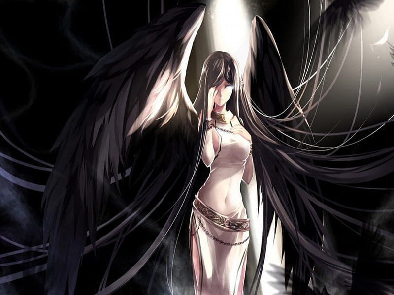 Black angel, wings, dress, angel, black, luz, black, alas, dark, vestido, oscuridad, light, HD wallpaper
