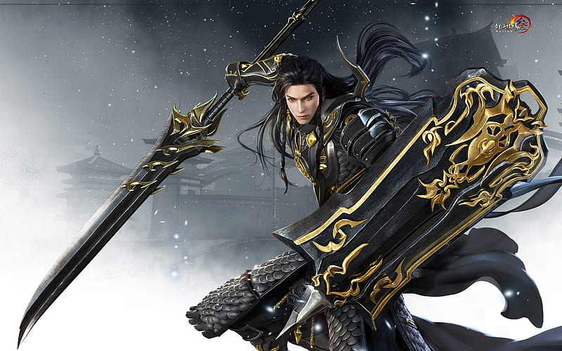 Warrior, luminos, golden, shield, black, gian vang, armor, fantasy, tibetan, handsome, sword, HD wallpaper