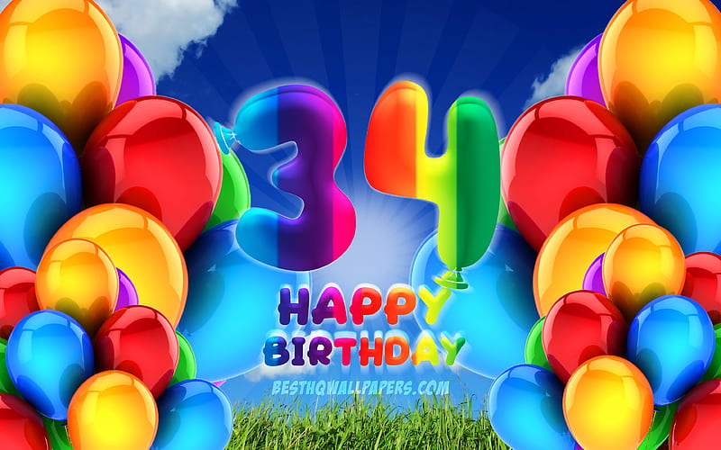 Happy 34 Years Birtay, cloudy sky background, Birtay Party, colorful ballons, Happy 34th birtay, artwork, 34th Birtay, Birtay concept, 34th Birtay Party, HD wallpaper