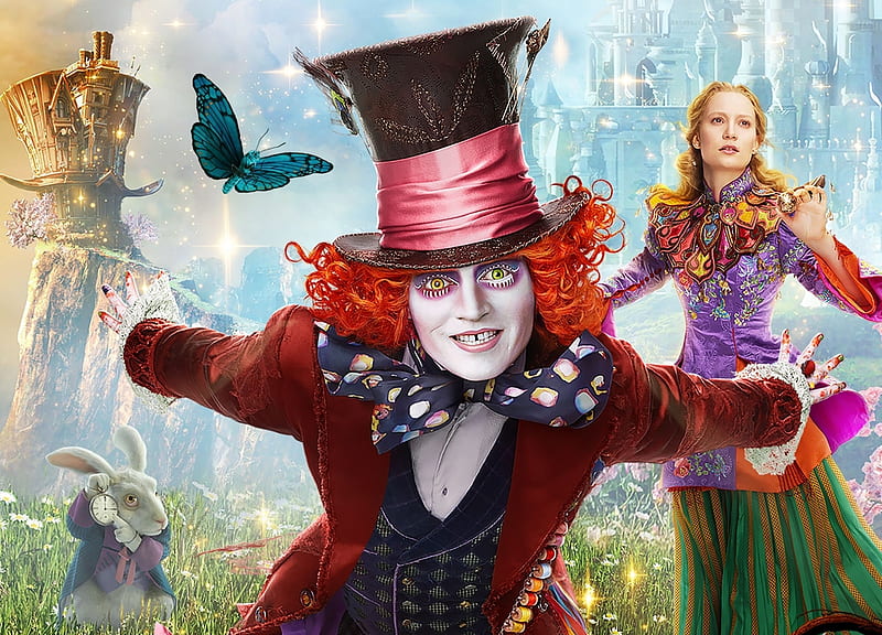 Alice Through the Looking Glass (2016), movie, girl, alice through the looking glass, man, Johnny Depp, mad hatter, red, poster, fantasy, disney, HD wallpaper