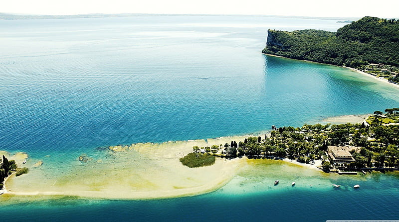 garda lake in italy, beach, village, trees, lake, coast, HD wallpaper