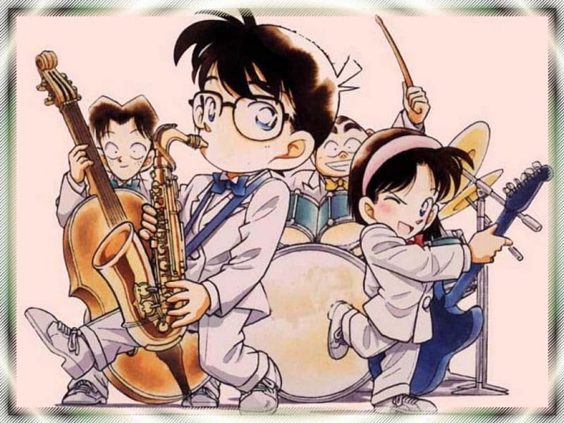 Detective Conan, Guitar, Mitsuhiko, Genta, Cello, Ayumi, Saxaphone, Drums, Cute, Conan Edogawa, Megane, HD wallpaper