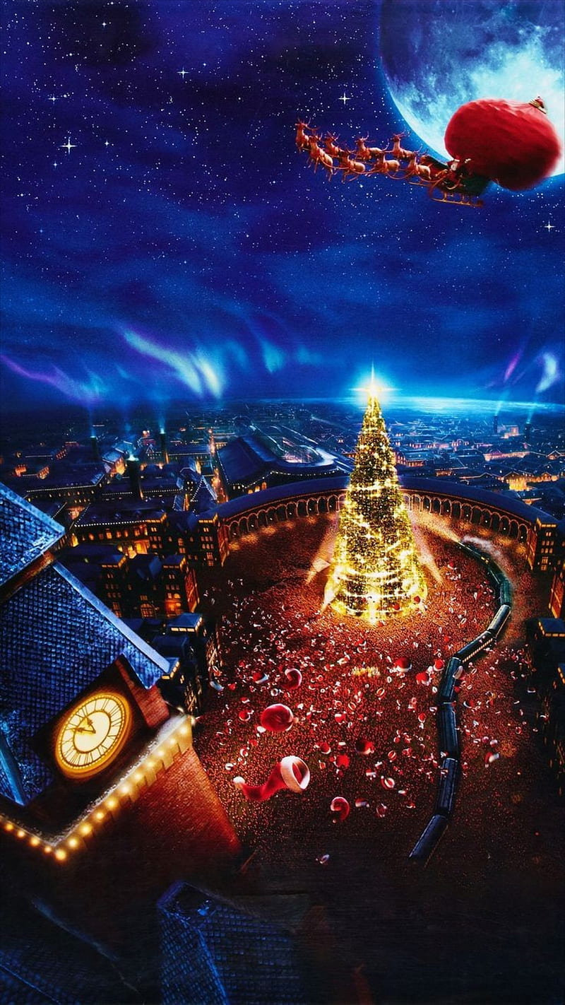 Christmas night, christmas, christmas tree, deers, lights, merry christmas, moon, new year, santa claus, town, HD phone wallpaper