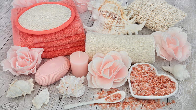 Day at the Spa, candle, fragrant, health, towels, essential oils, salts, flower, spa, sea shell, luxury, HD wallpaper