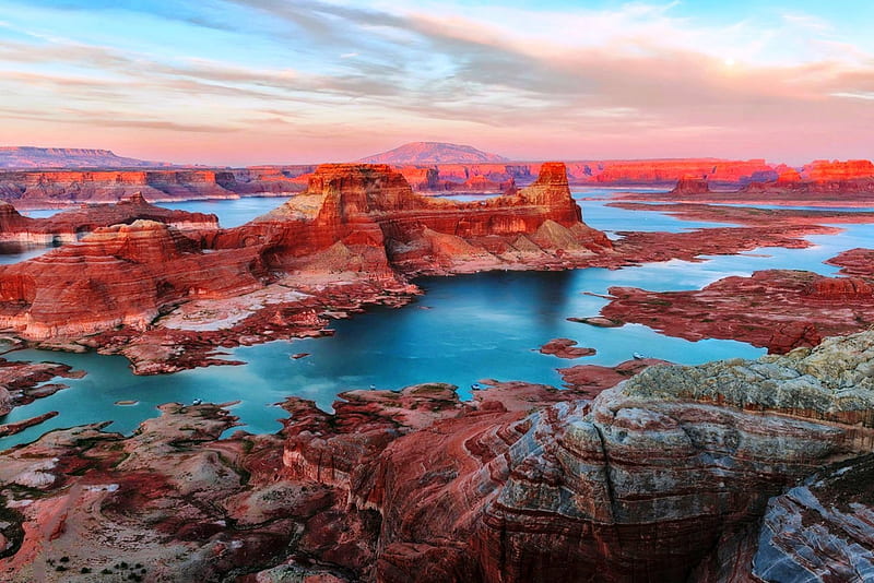 Lake Powell Sunset, reddish rocks, reservoir, bonito, sunset, sky, clouds, canyon, water, erosion, cliffs, Arizona, Utah, HD wallpaper