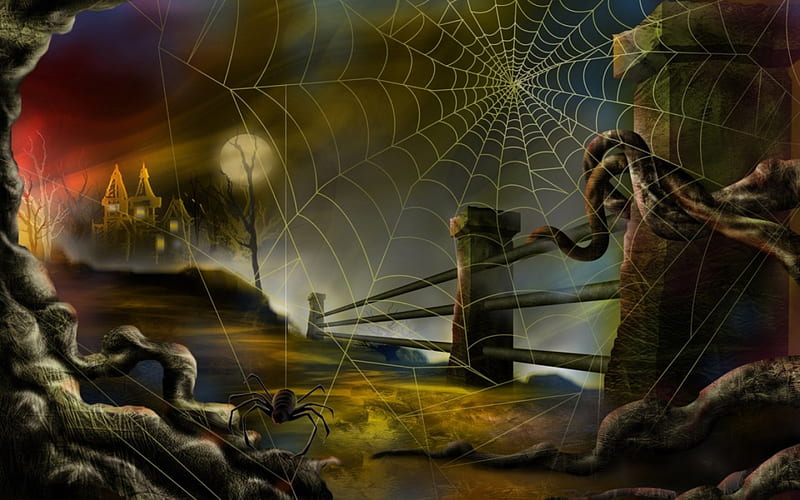 Spider's Web, fence, spiderweb, house, halloween, full moon, spider, HD wallpaper