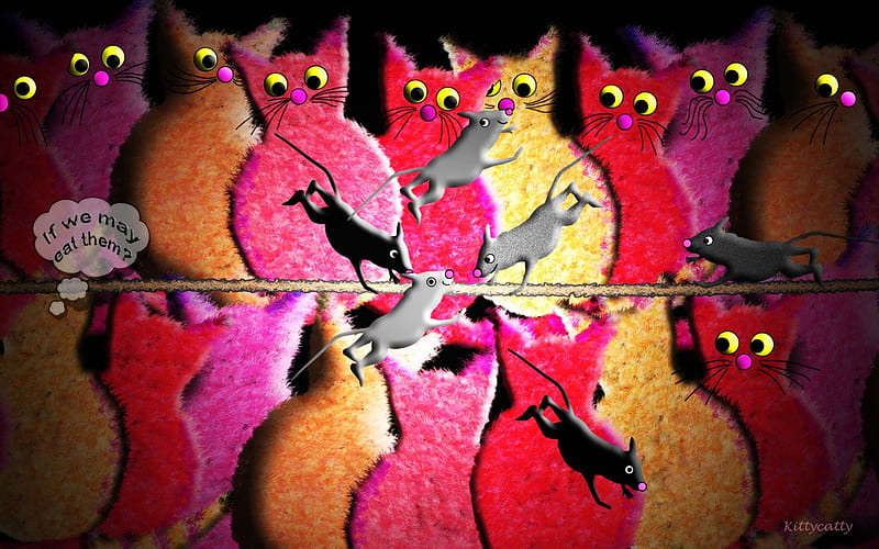 Cats and Mice , red, mice, cat, rope-dancing, circus, cats and mice, cat and mouse, mouse, evening, pink, cats, HD wallpaper