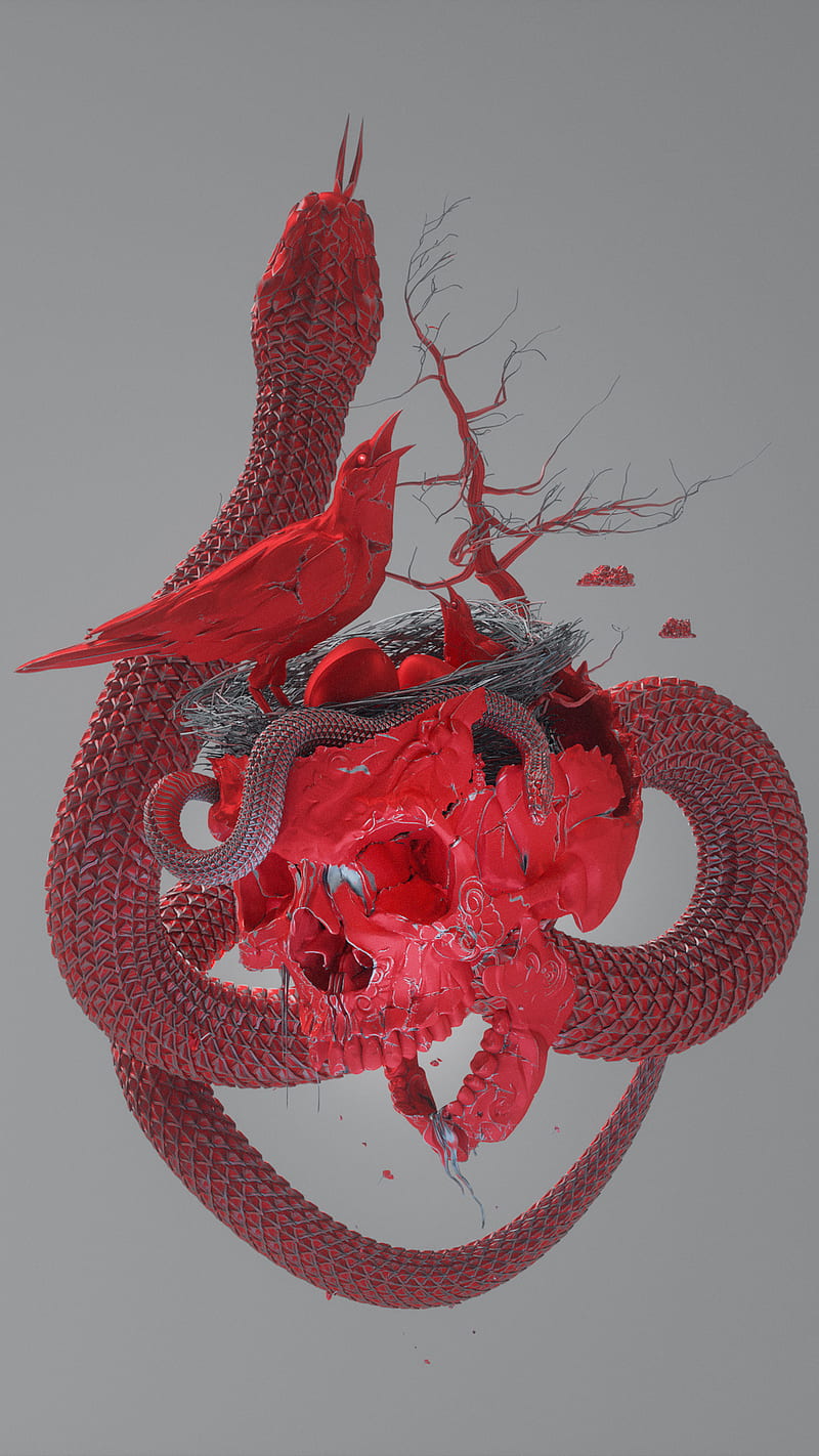 The Nest - CrimsonPrey, Spizak, bird, death, life, skull, snake, tree, HD phone wallpaper