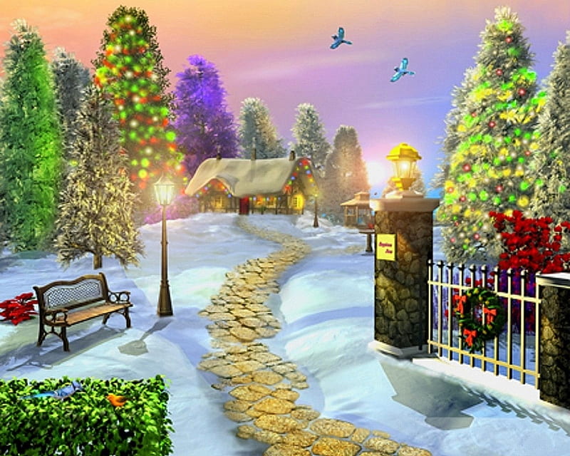 Happiness Lane, Christmas, wreath, cottages, holidays, bench, love four seasons, home, Christmas Trees, attractions in dreams, xmas and new year, winter, snow, lane, HD wallpaper