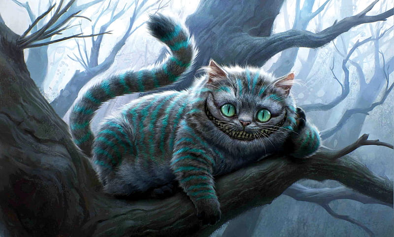 cheshire, alice in wonderland, forest, tree, cat, HD wallpaper