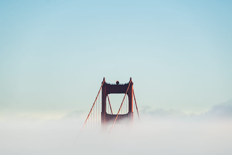 red concrete bridge surrounded by clouds, HD wallpaper