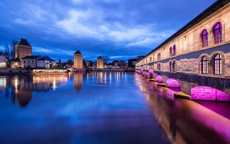 Strasbourg, river, Vaubana Dam, nightscape, France, HD wallpaper